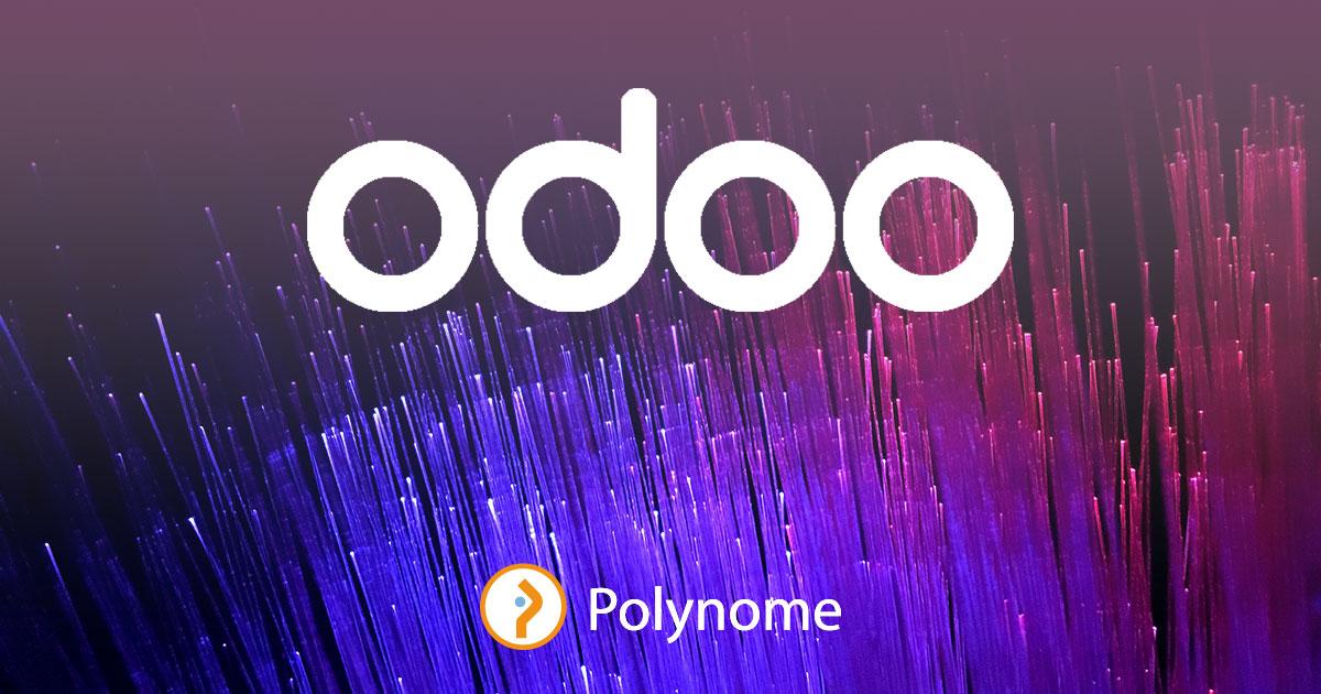 Logo de Odoo Belgique et logo de Polynome sur un fond de fibres optiques en bleus et rouges