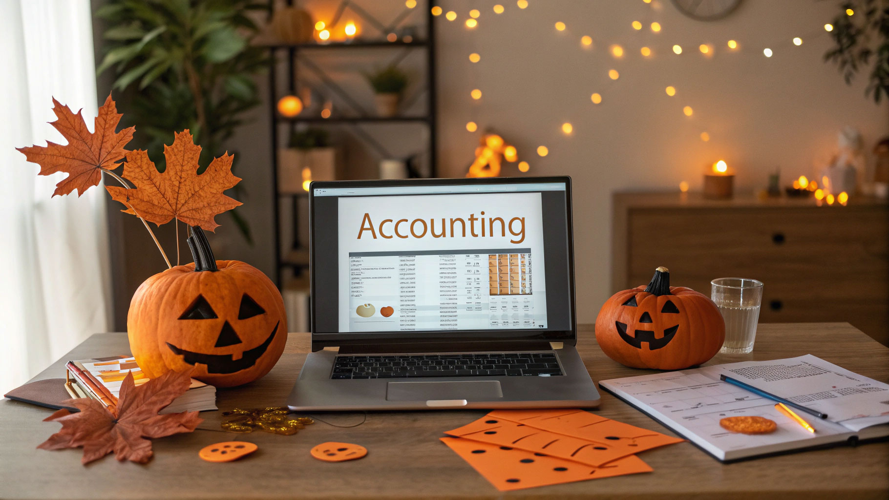 Laptop servant à la comptabilité sur un bureau pendant Halloween.