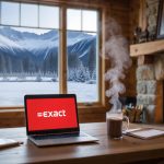 Laptop ouvert sur une table prês d'un feu de cheminée, devant une baie vitrée montrant des montagnes enneigées - Exact Online optimise et automatise votre gestion bancaire